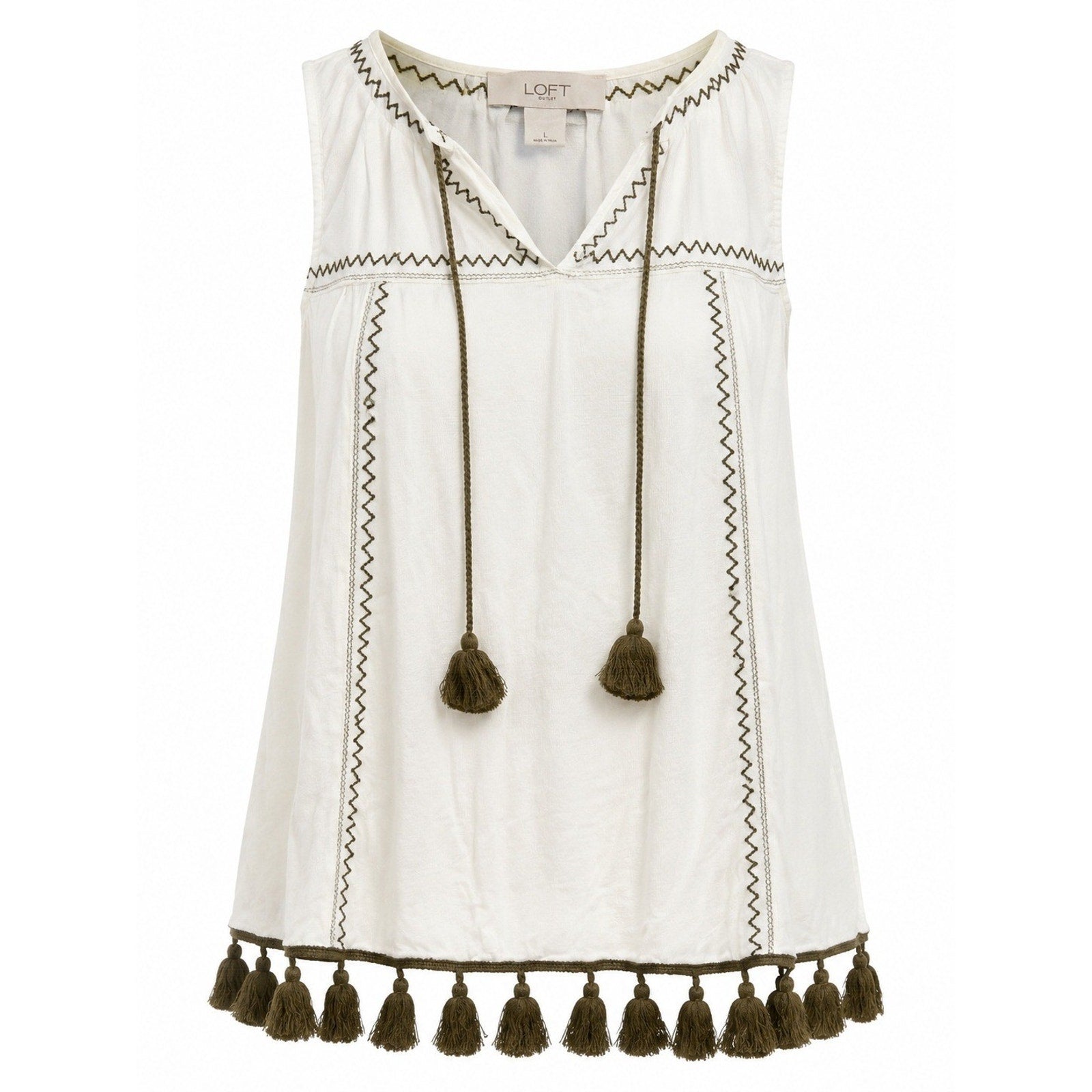 LOFT Outlet Women White Embroidered Tassel Boho Sleeveless Top Olive Green L