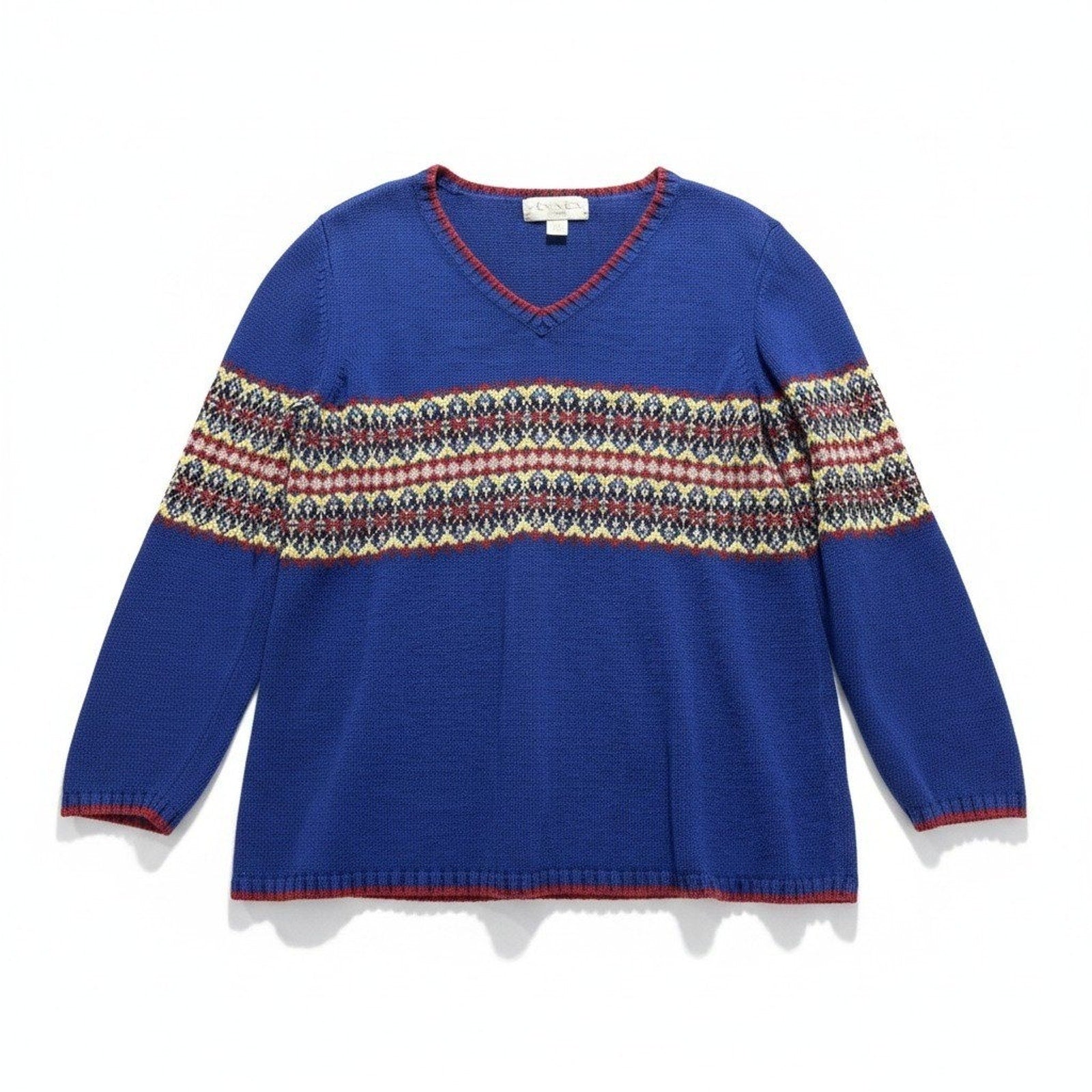 Casual Corner Annex Womens 1X Blue Fair Isle V-Neck Sweater Vintage Boho Cotton