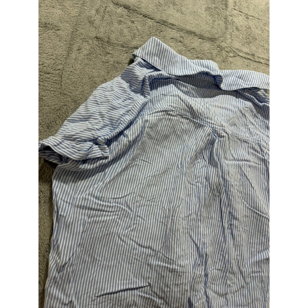 Emily Daniels Button Up Top Womens L Blue White Stripe Tie Front Casual