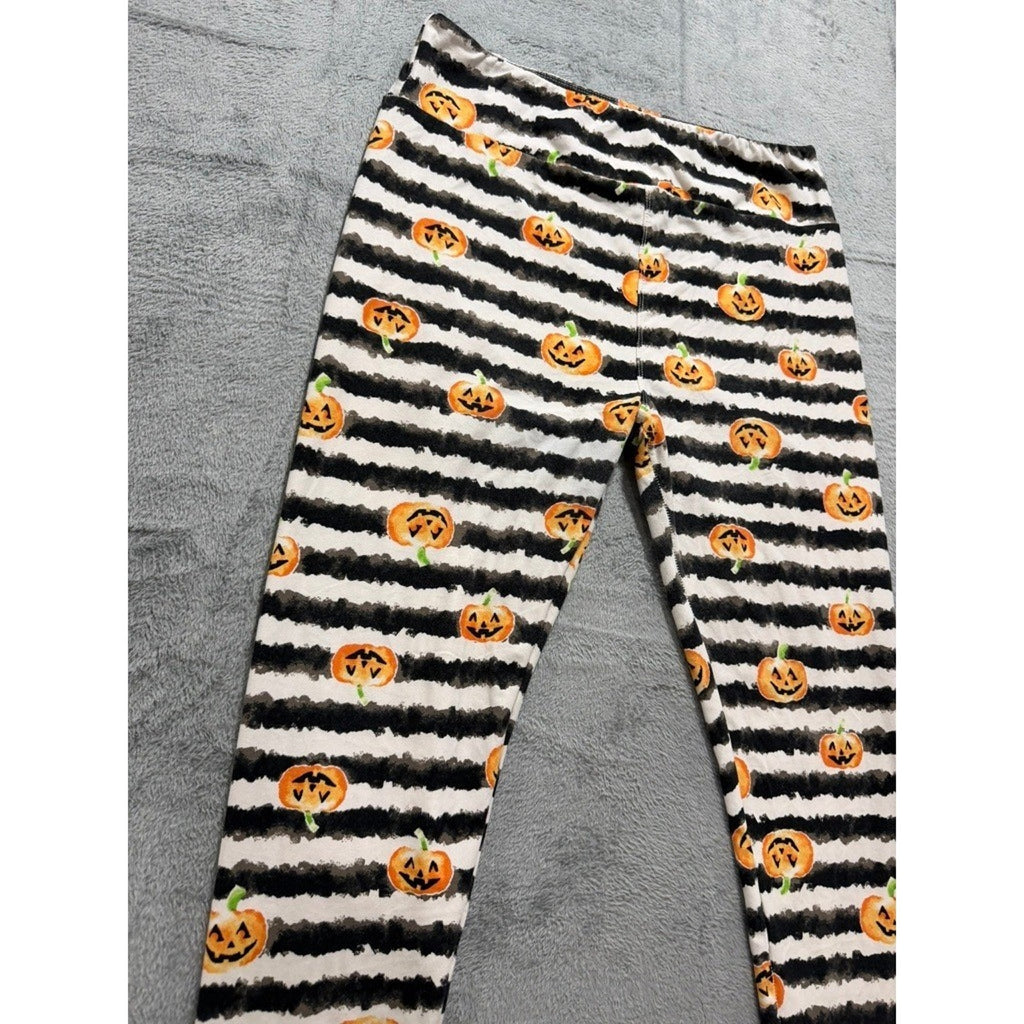 LuLaRoe Womens Halloween Leggings TC Black White Stripe Pumpkin Jack-O-Lantern