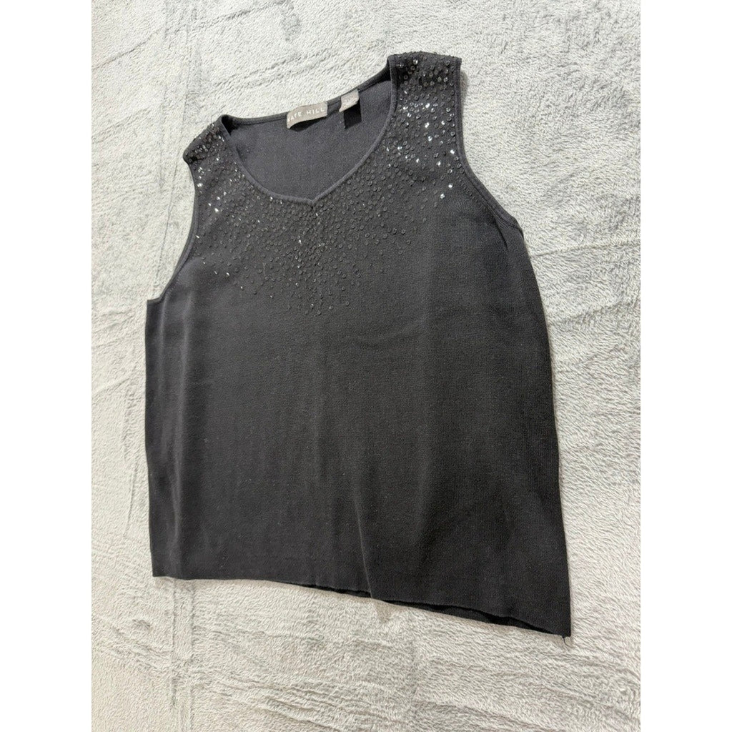Kate Hill Womens XL Black Silk Cotton Blend Sequin V-Neck Knit Tank Top Shell