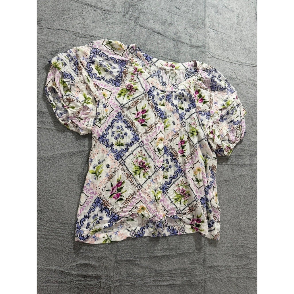 Jane + Delancey Womens Floral Baroque Patchwork Twist Front Puff Sleeve Blouse M