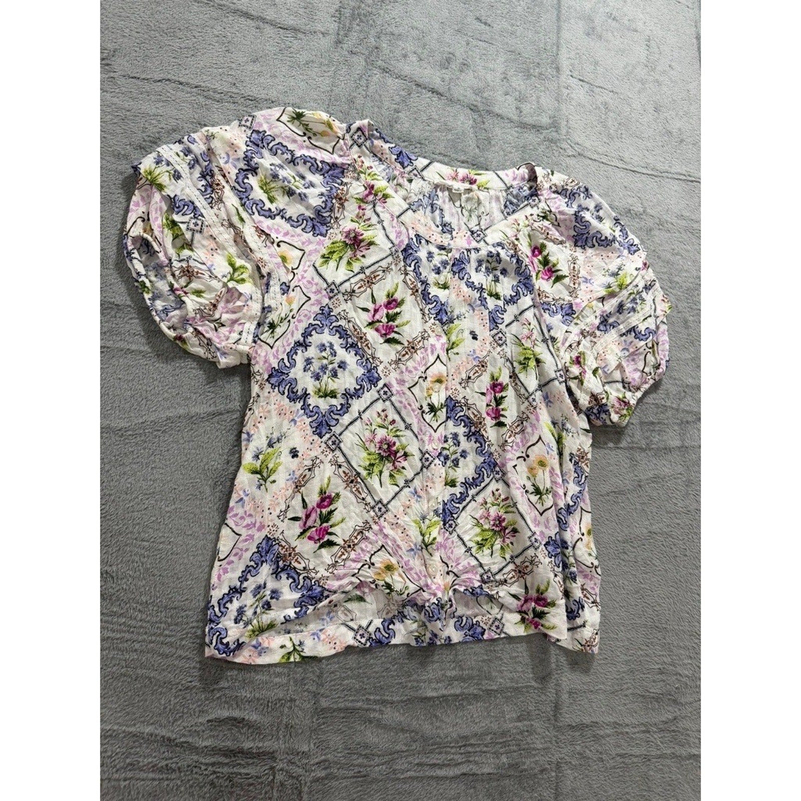 Jane + Delancey Womens Floral Baroque Patchwork Twist Front Puff Sleeve Blouse M
