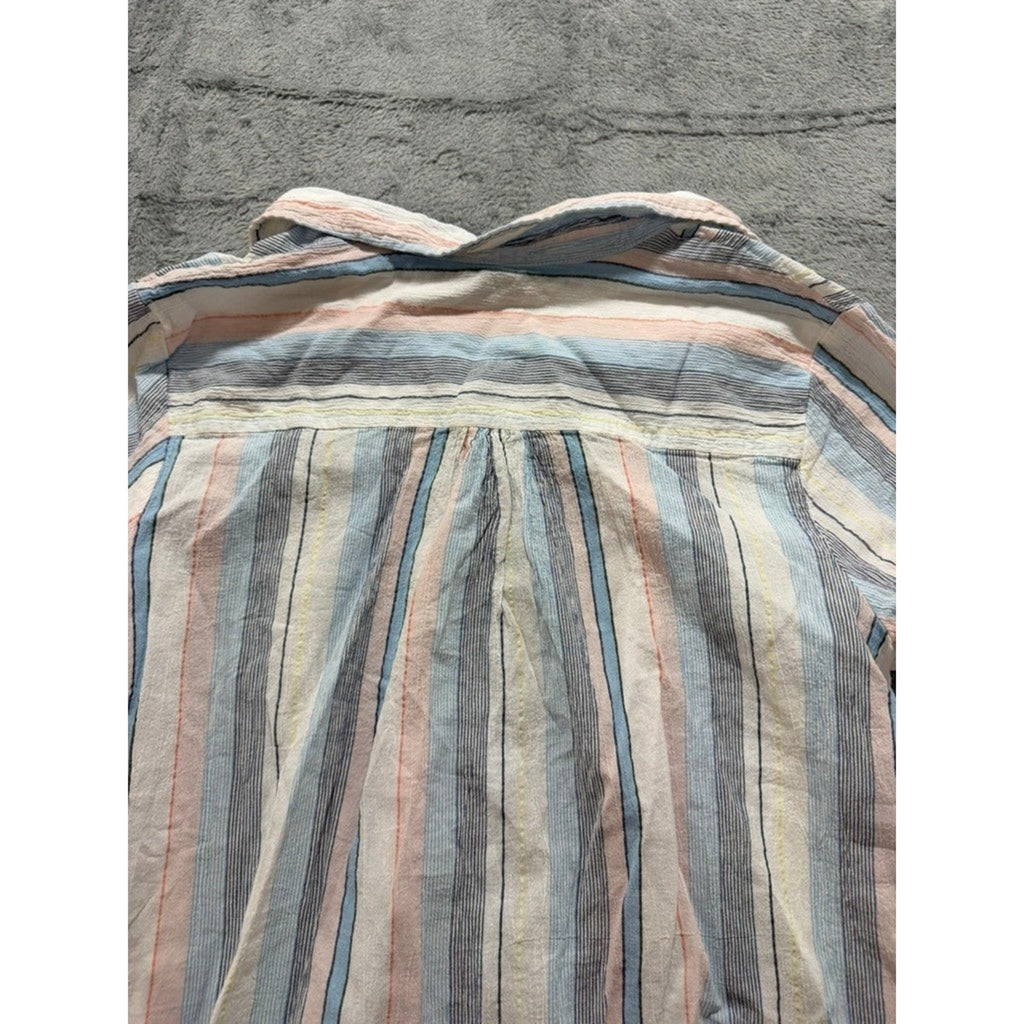 Erika Button Up Shirt Womens L Multicolor Stripe Cotton Short Sleeve Casual