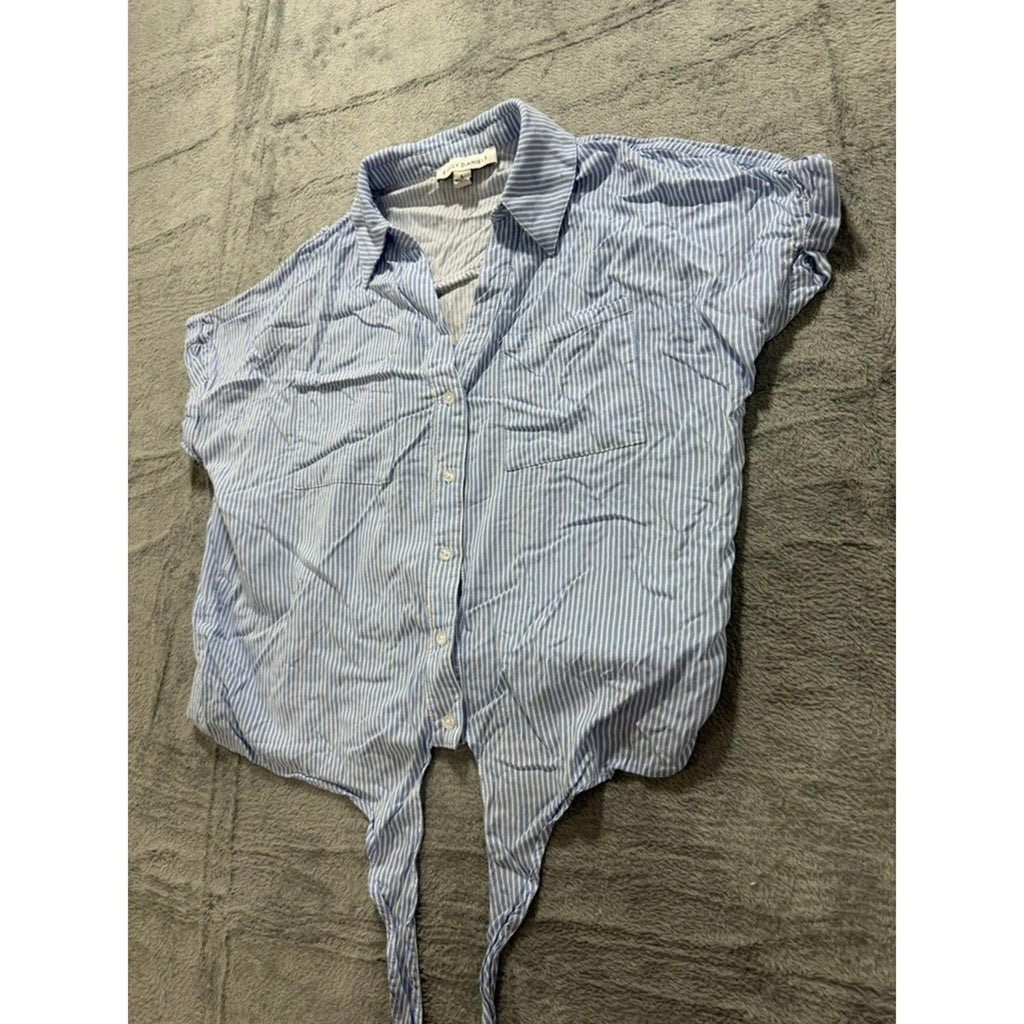 Emily Daniels Button Up Top Womens L Blue White Stripe Tie Front Casual