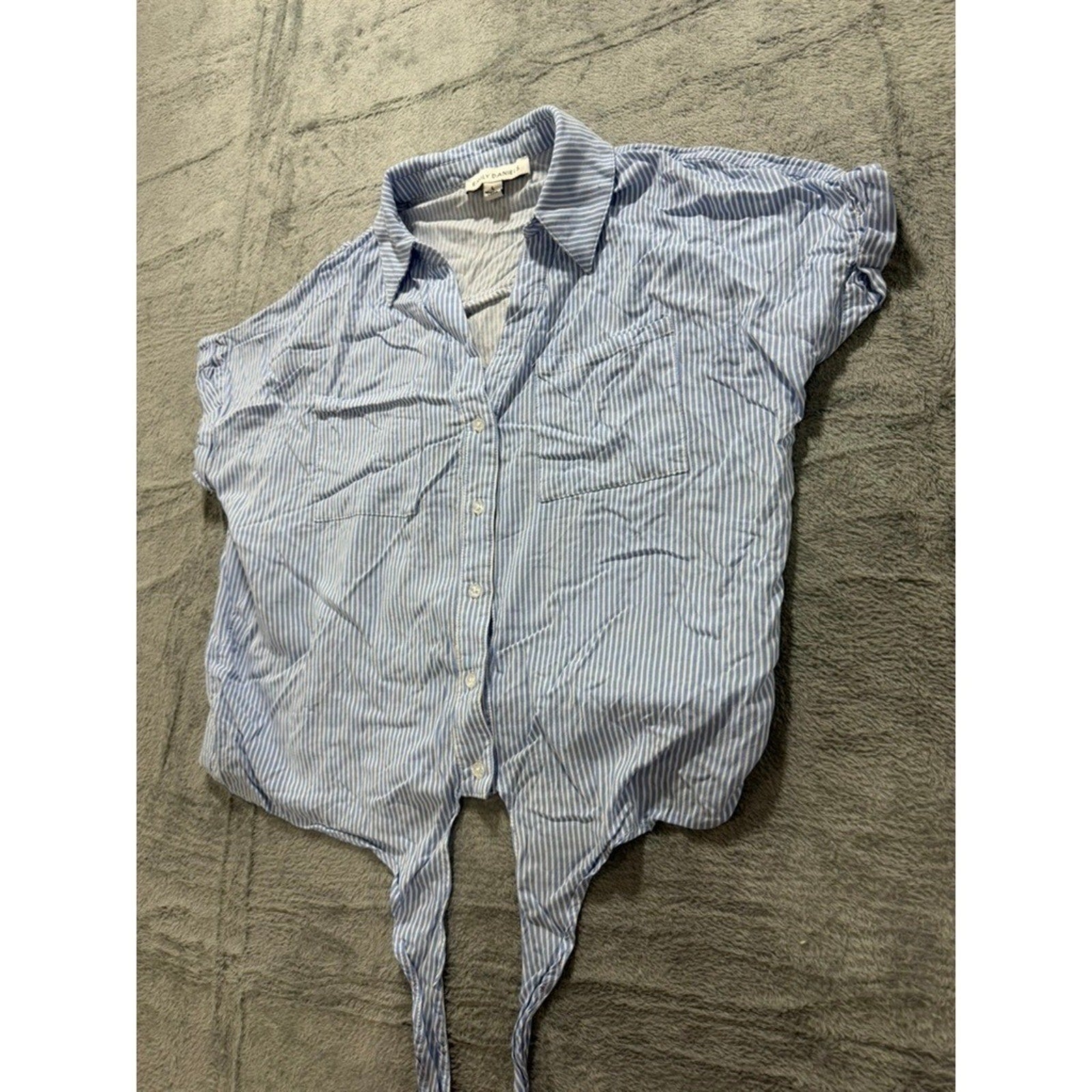 Emily Daniels Button Up Top Womens L Blue White Stripe Tie Front Casual