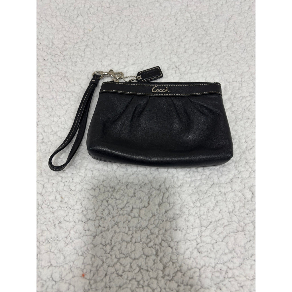 Coach Black Leather Wristlet Pouch Clutch Zip Wallet Wrist Strap Gold Hardware