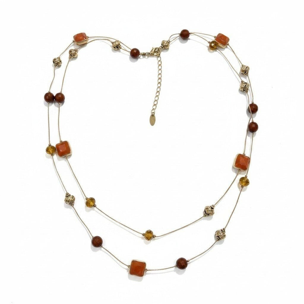 Chicos Womens OS Gold Orange Brown Beaded Double Layer Necklace Boho Casual