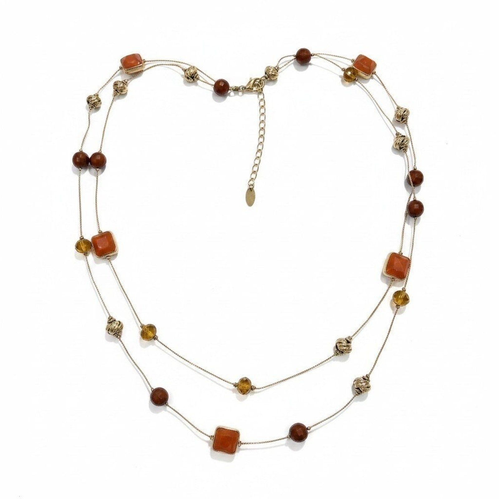 Chicos Womens OS Gold Orange Brown Beaded Double Layer Necklace Boho Casual