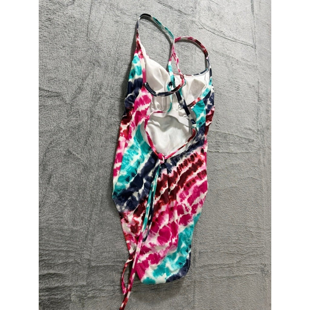 Women Tie Dye One Piece Swimsuit Pink Blue White Strappy Back Athletic