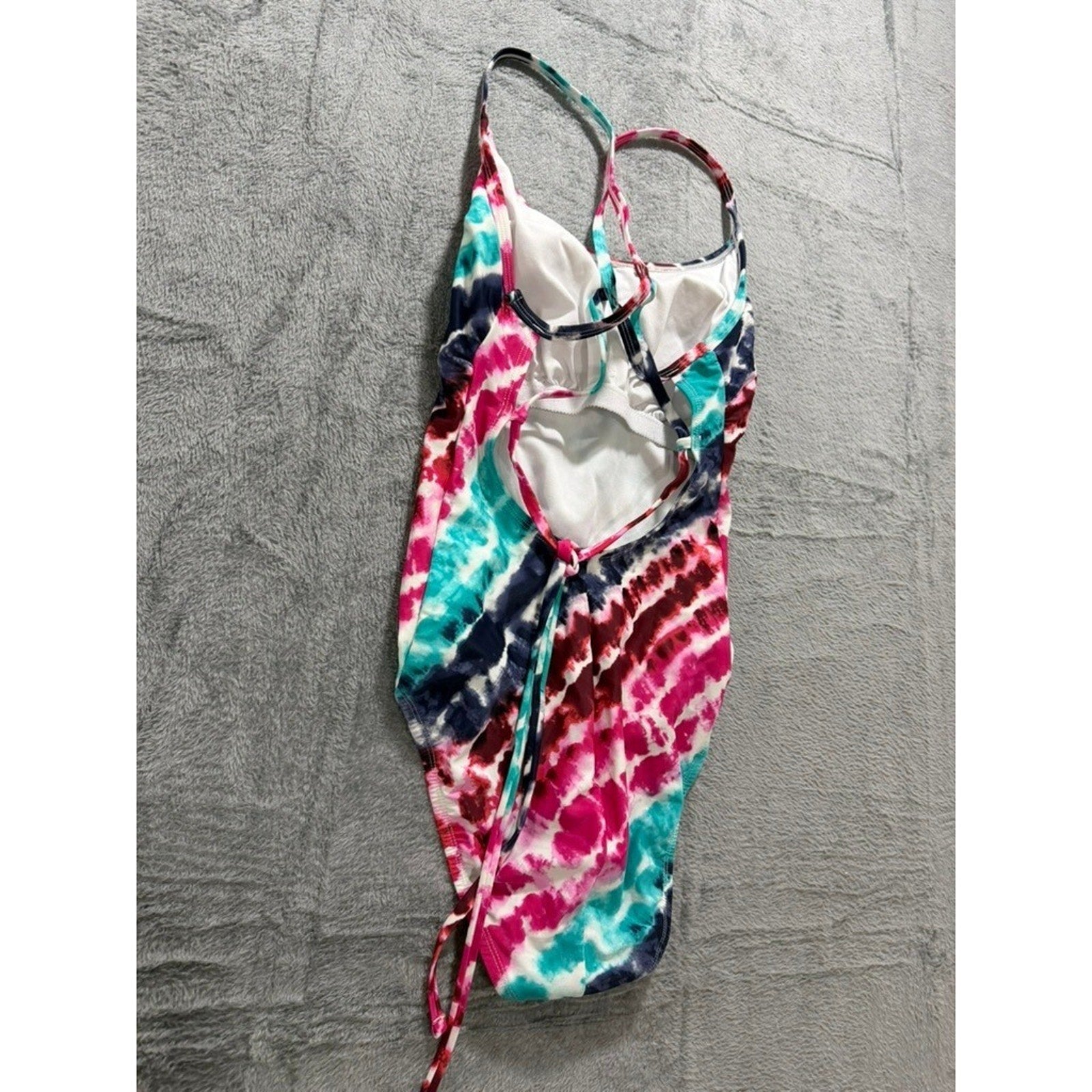Women Tie Dye One Piece Swimsuit Pink Blue White Strappy Back Athletic