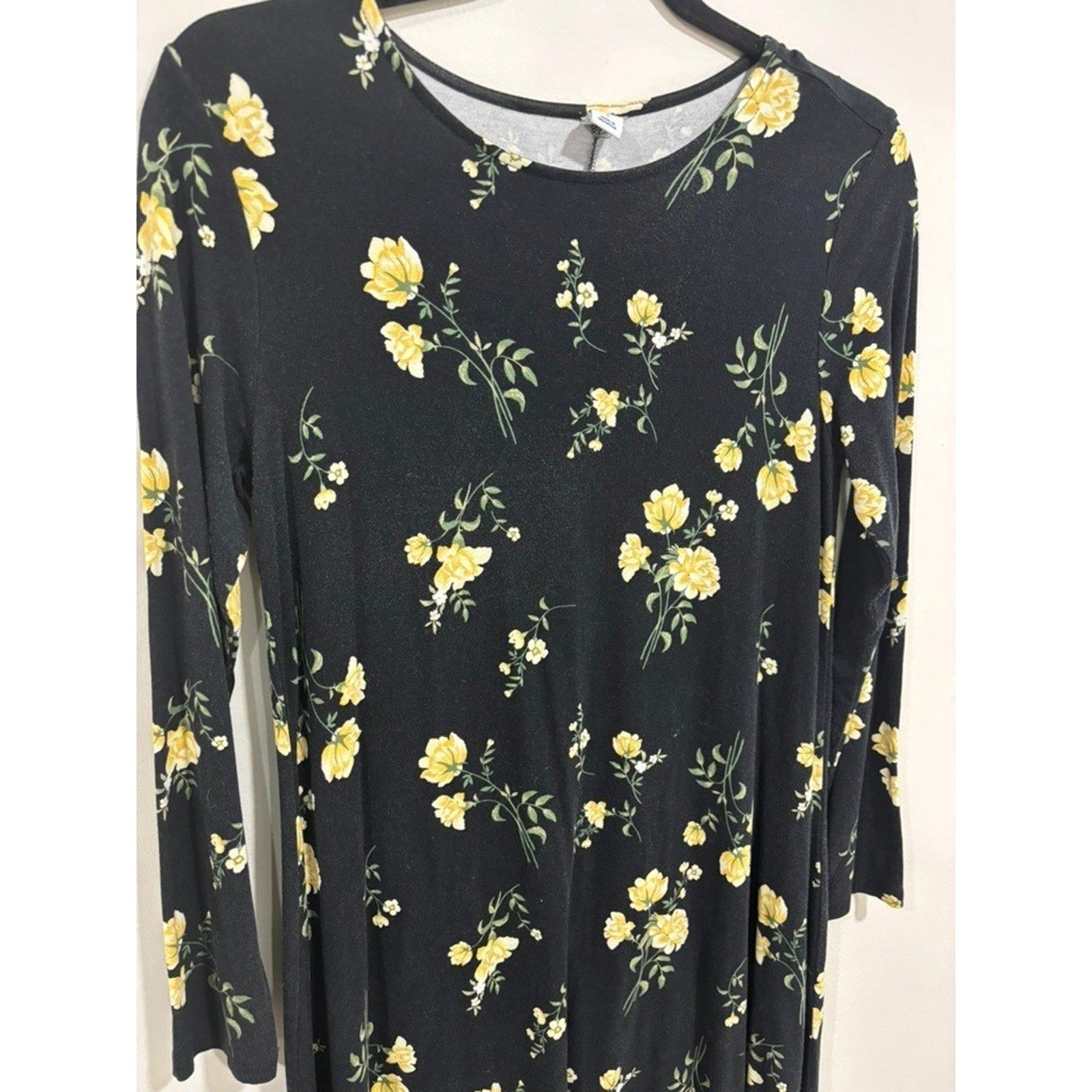 Old Navy Black Yellow Floral Swing Dress Long Sleeve Small Cottagecore Casual