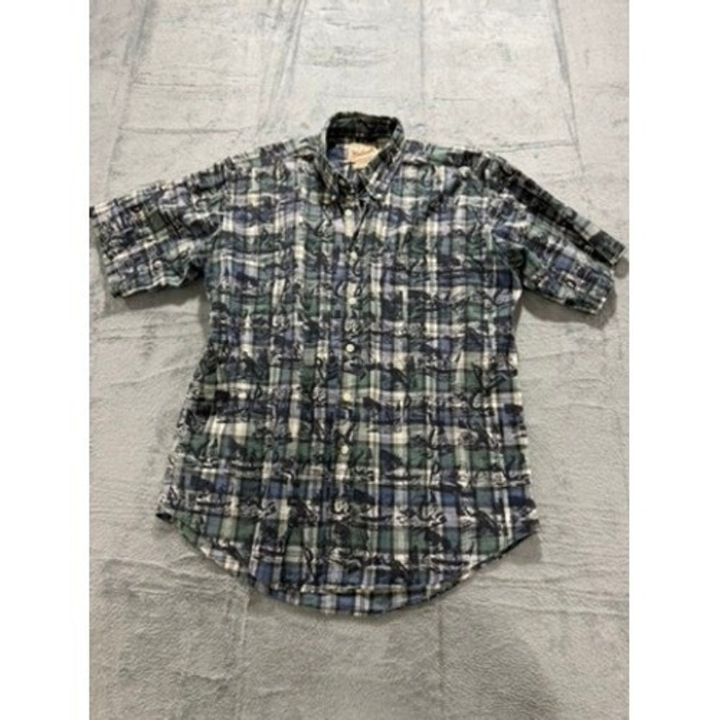 Woolrich Mens Large Blue Green Plaid Fishing Graphic Short Sleeve Button Shirt