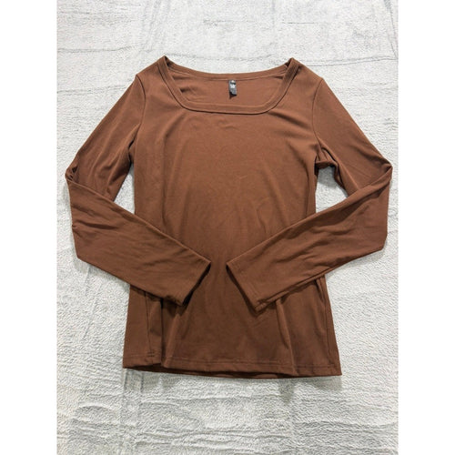 Automet Womens Brown Ribbed Square Neck Long Sleeve Top XL EZau458