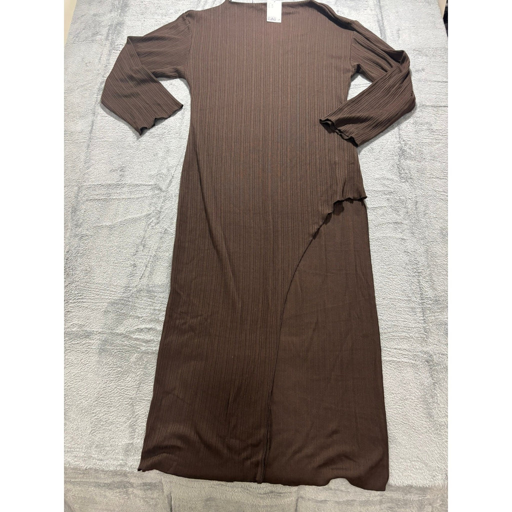 H&M Ribbed Long Sleeve Maxi Dress Chocolate Brown Asymmetrical Layered NWT