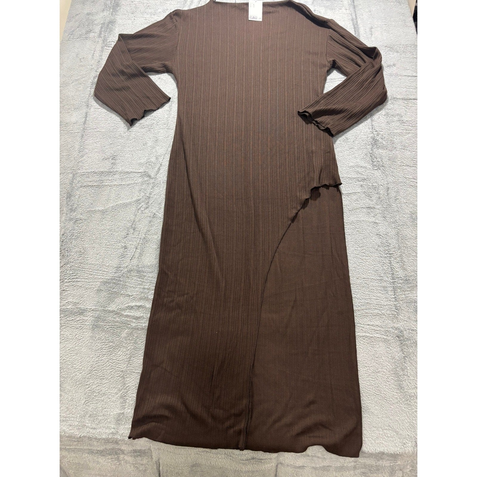 H&M Ribbed Long Sleeve Maxi Dress Chocolate Brown Asymmetrical Layered NWT