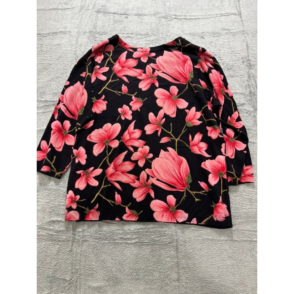 Emily Daniels Sweater Women PXL Black Pink Floral Knit 3/4 Sleeve Acrylic