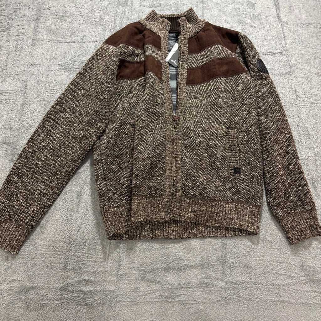 Buffalo David Bitton Mens L Brown Full Zip Mock Neck Sweater Ribbed Knit NWT