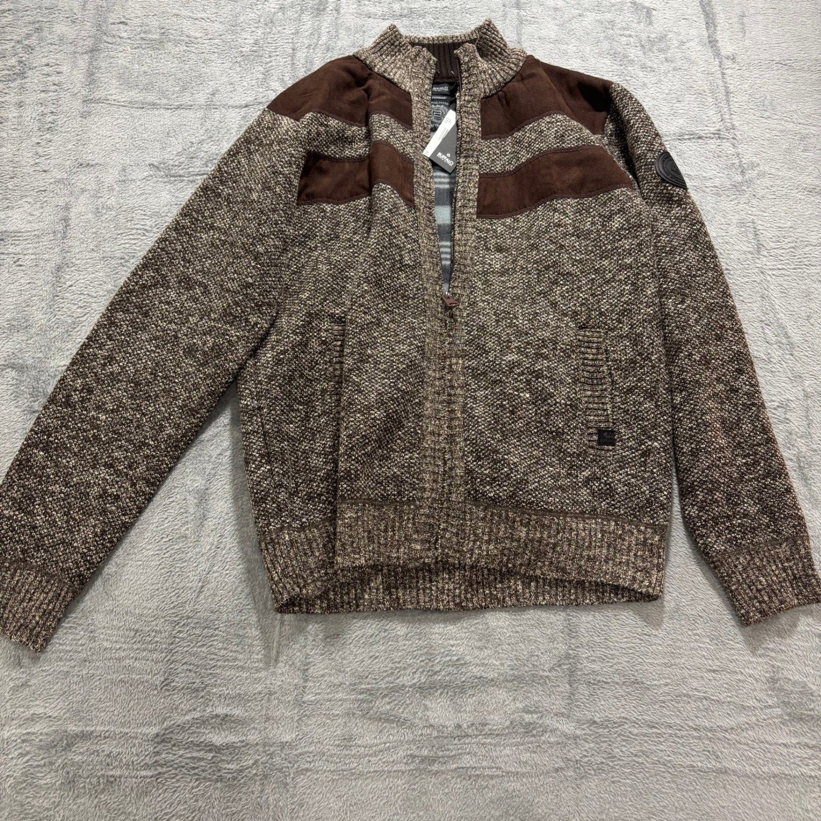 Buffalo David Bitton Mens L Brown Full Zip Mock Neck Sweater Ribbed Knit NWT