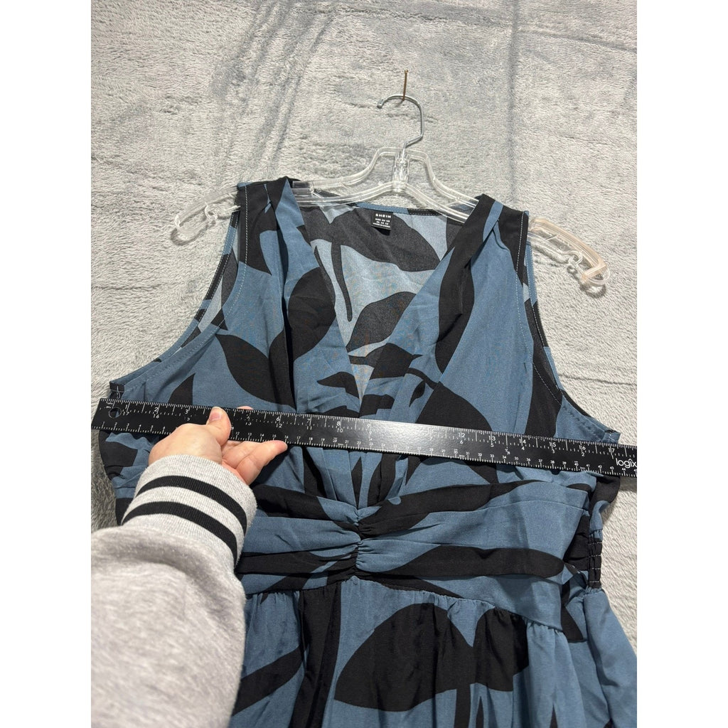 Blue Black Tropical Leaf Print Smocked Tiered Maxi Dress Women Medium Vacation