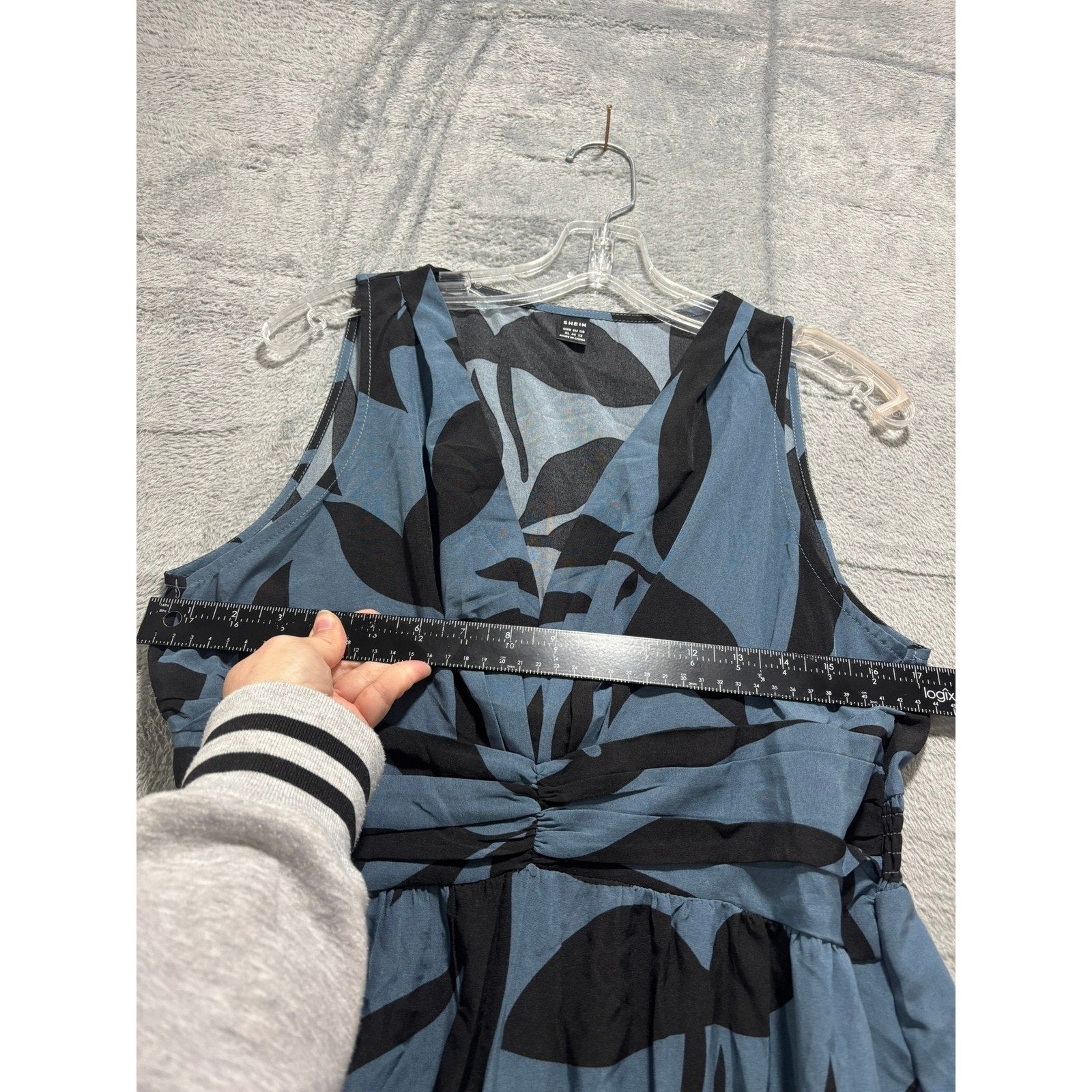 Blue Black Tropical Leaf Print Smocked Tiered Maxi Dress Women Medium Vacation