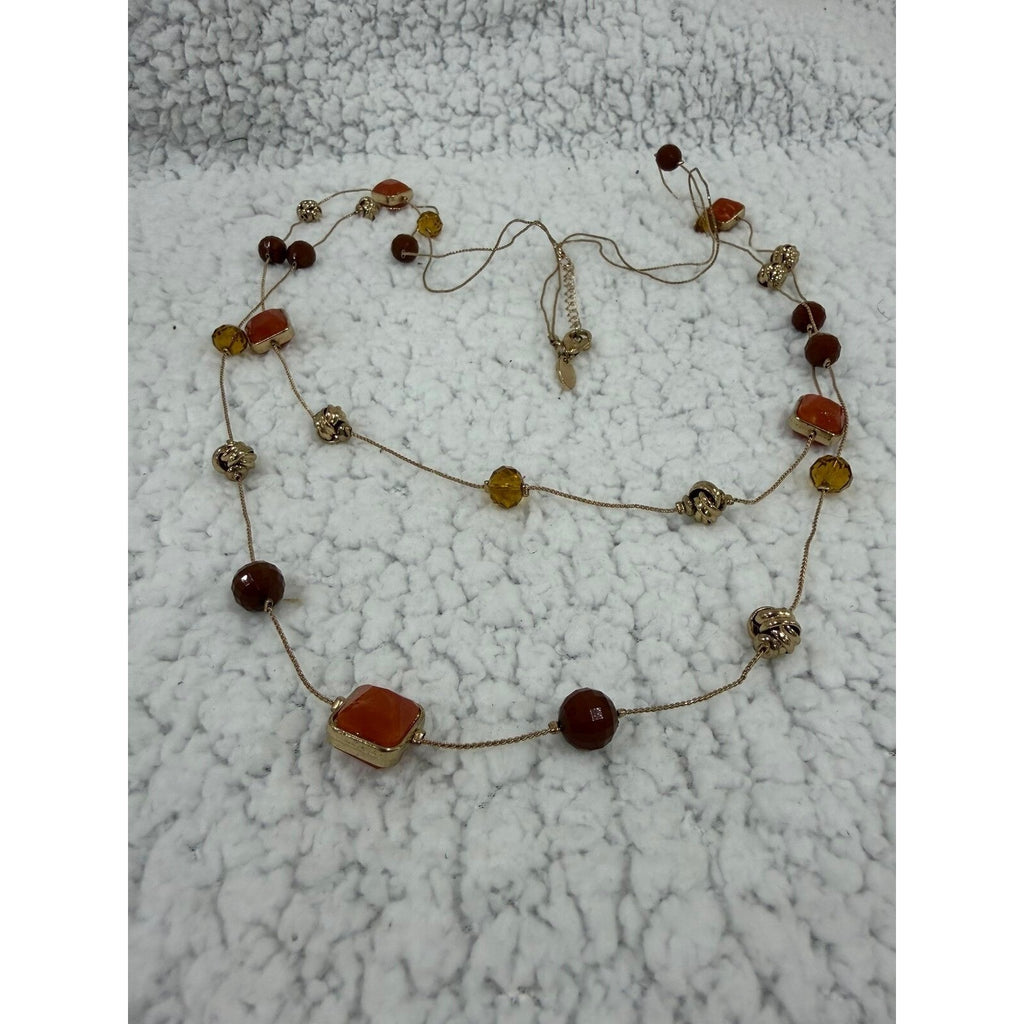 Chicos Womens OS Gold Orange Brown Beaded Double Layer Necklace Boho Casual
