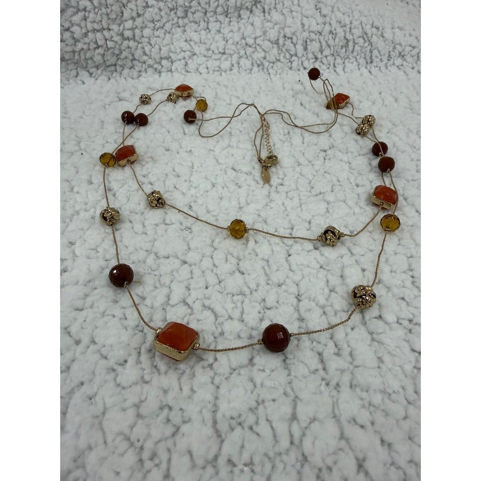 Chicos Womens OS Gold Orange Brown Beaded Double Layer Necklace Boho Casual