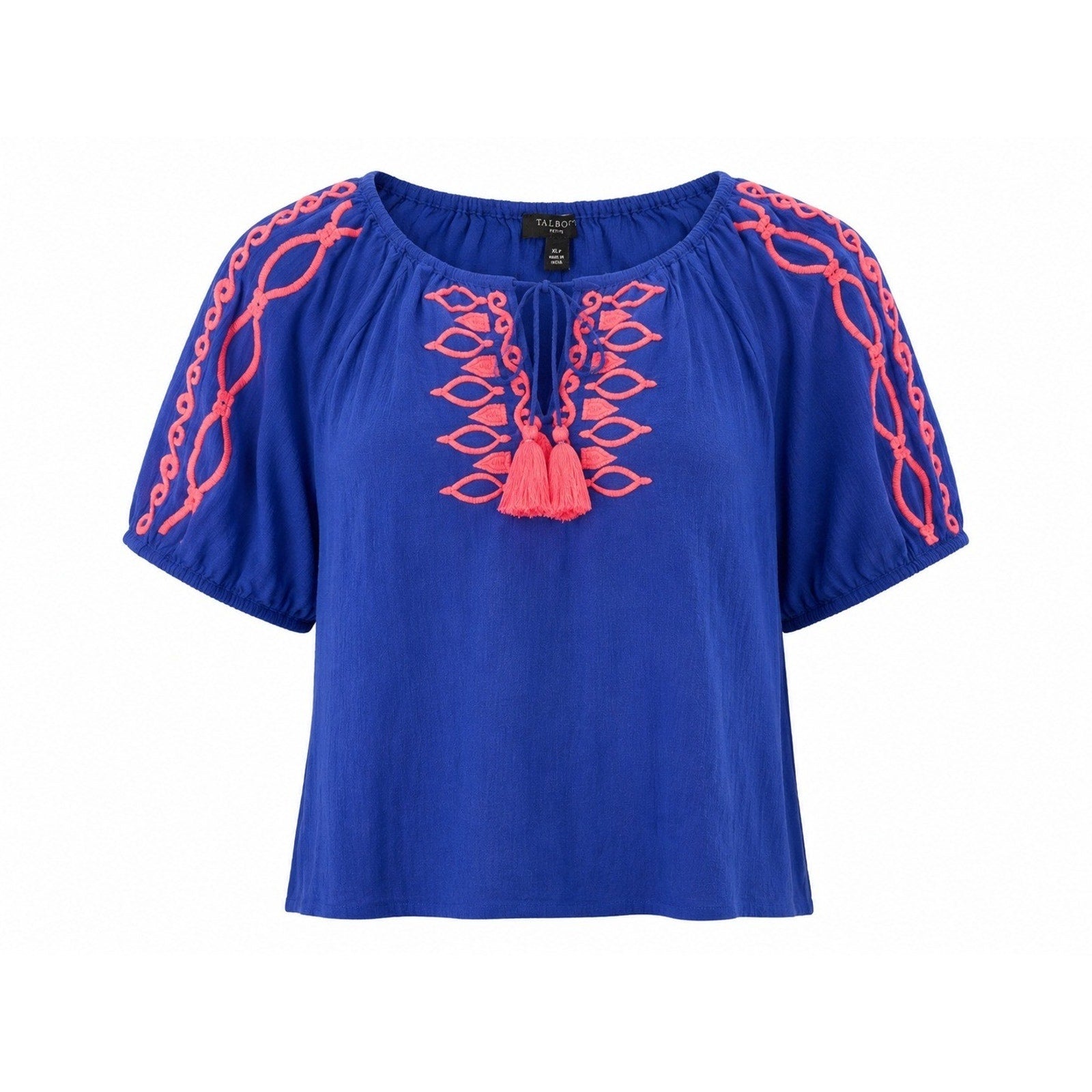 Talbots Petite XL P Blue Coral Embroidered Tassel Peasant Blouse NWT 57095257