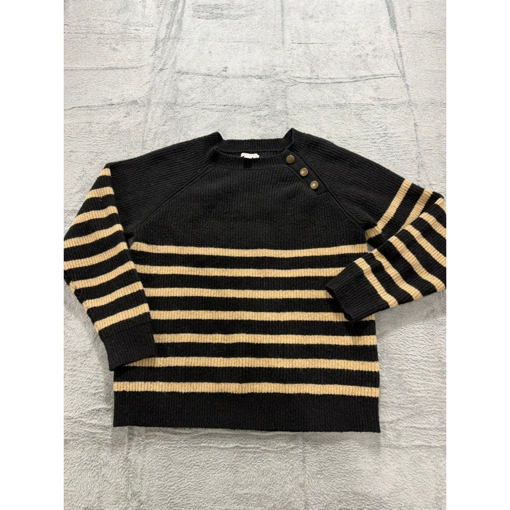 Knox Rose Sweater Womens XL Black Tan Stripe Ribbed Button Shoulder Cozy