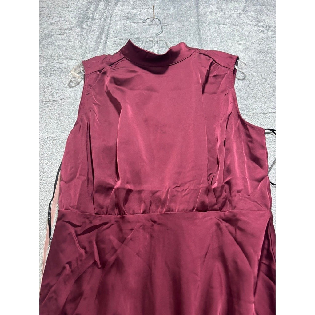 Lulus Burgundy Satin High Neck Draped Maxi Dress Size XL Sleeveless Side Slit