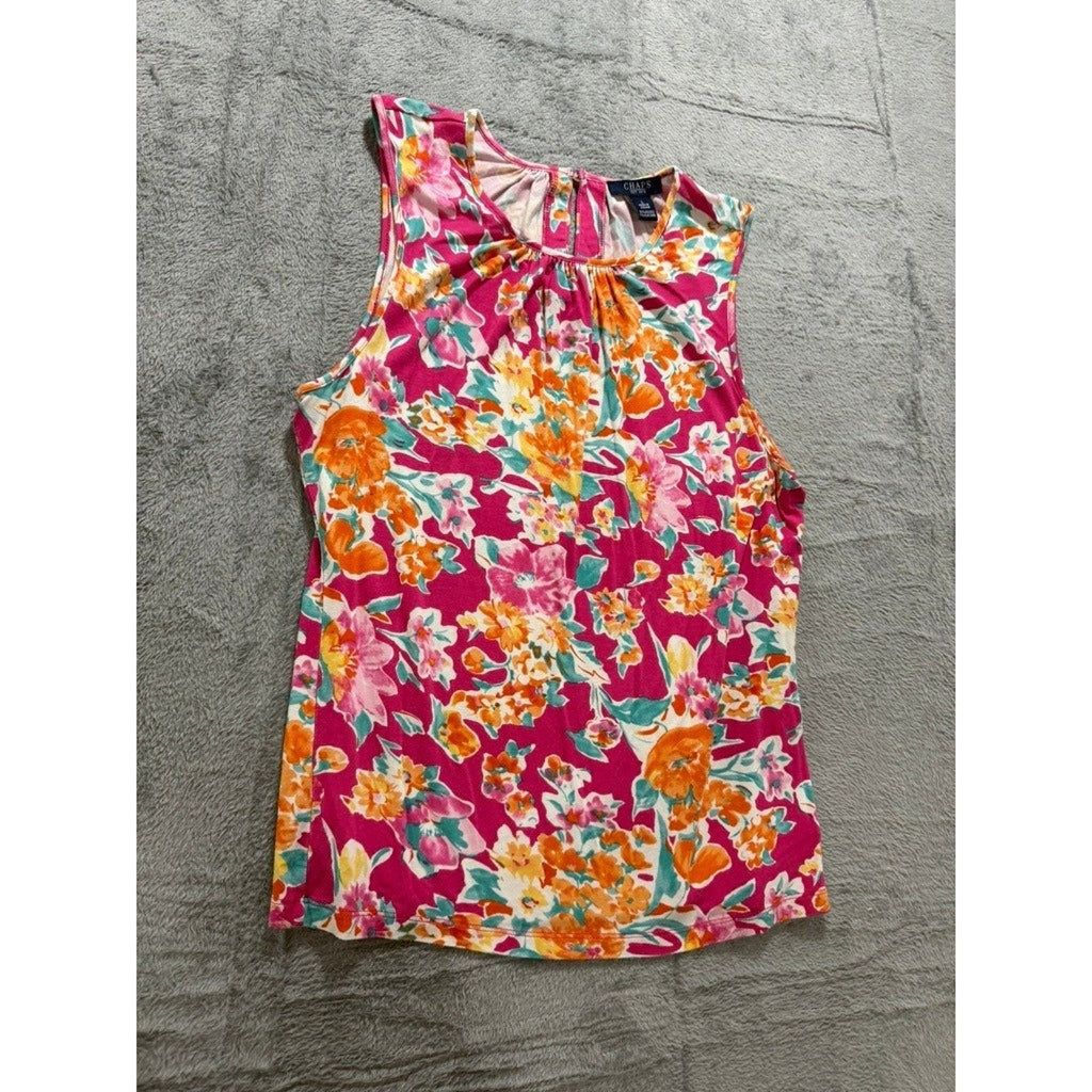 Chaps Womens Pink Floral Sleeveless Pleated Neck Shell Blouse Top Large L