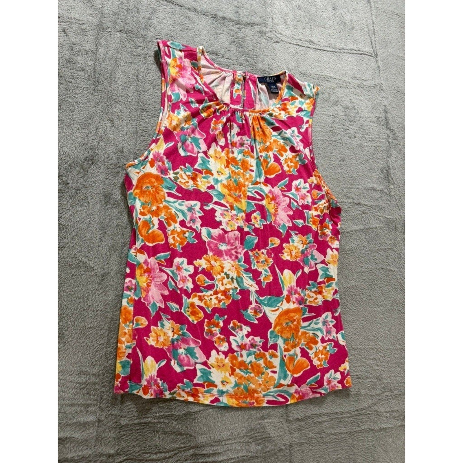 Chaps Womens Pink Floral Sleeveless Pleated Neck Shell Blouse Top Large L