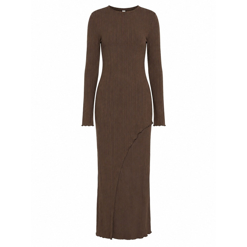 H&M Ribbed Long Sleeve Maxi Dress Chocolate Brown Asymmetrical Layered NWT
