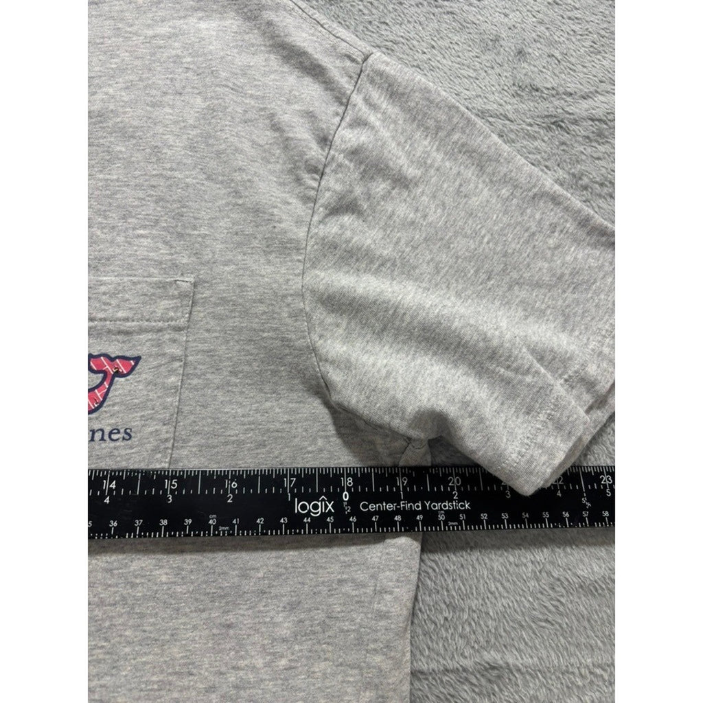 Vineyard Vines Mens XL Heather Gray Striped Whale Graphic Pocket Tee Preppy