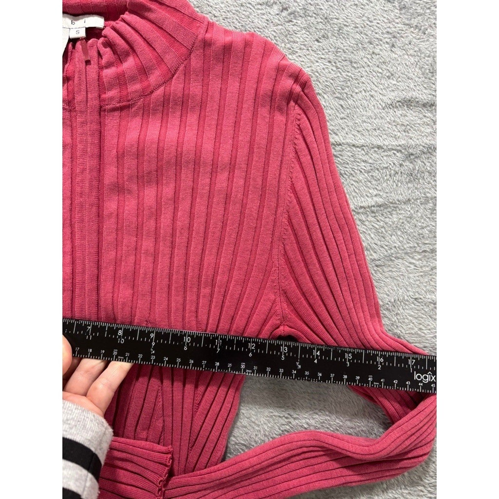 CAbi Ribbed Zip Sweater Womens Small Pink Silk Blend Fitted Stretch Y2K