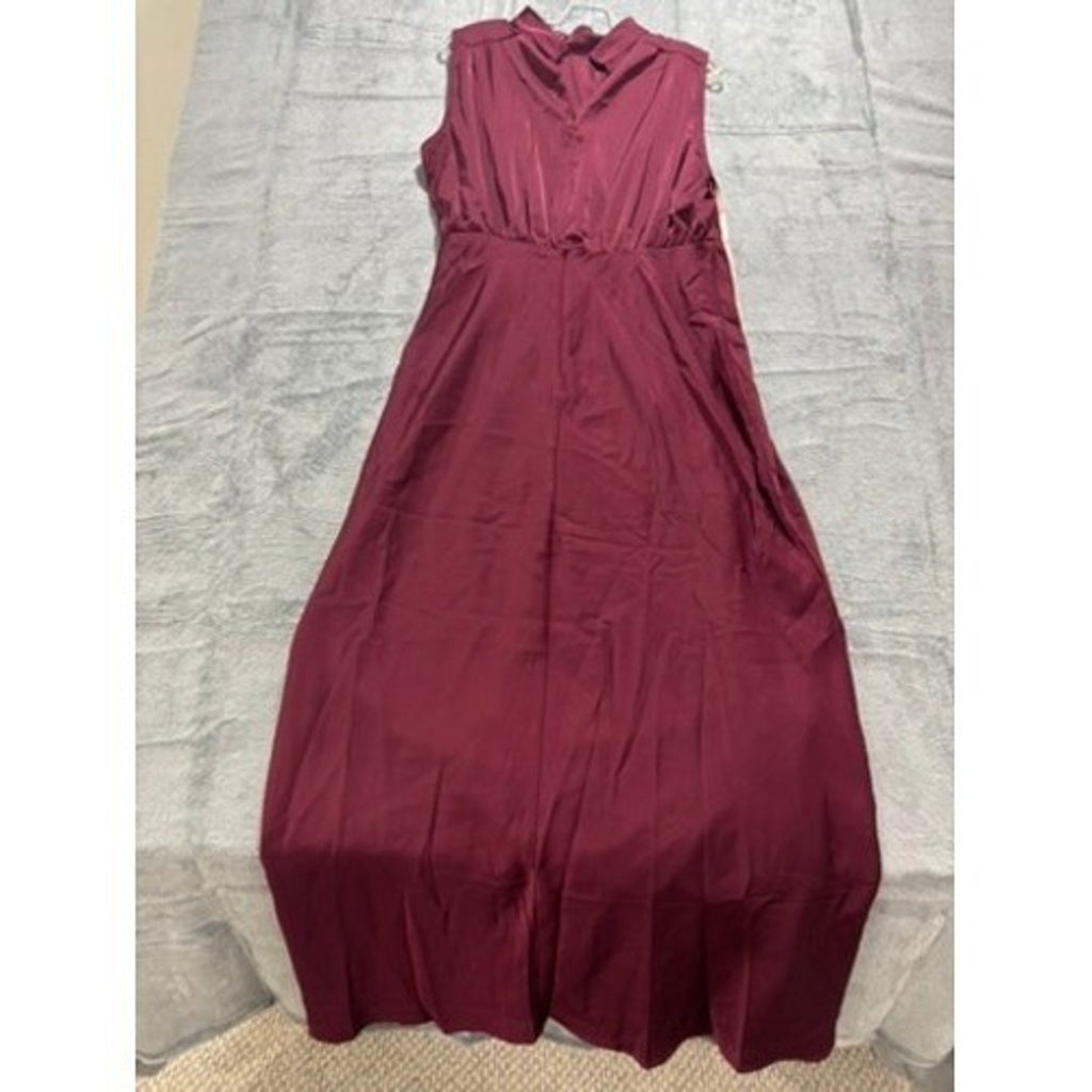 Lulus Burgundy Satin High Neck Draped Maxi Dress Size XL Sleeveless Side Slit