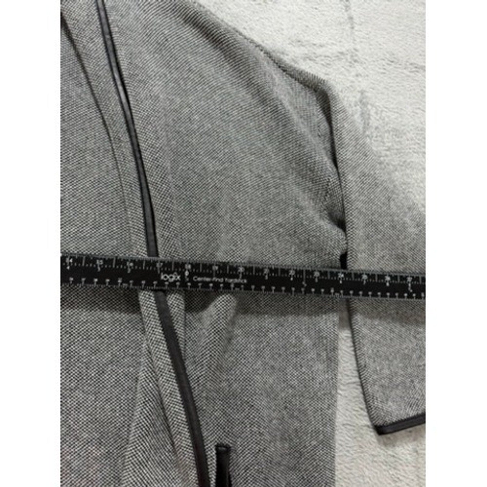 Chicos Grey Black Birds Eye Knit Open Front Cardigan Faux Leather Trim Size 2 L