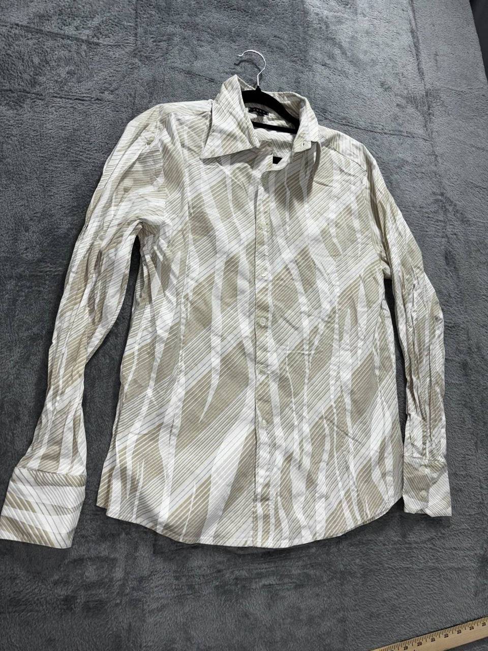 Toku Men's Tan White Print Dress Shirt Size L, photo 3 of 9