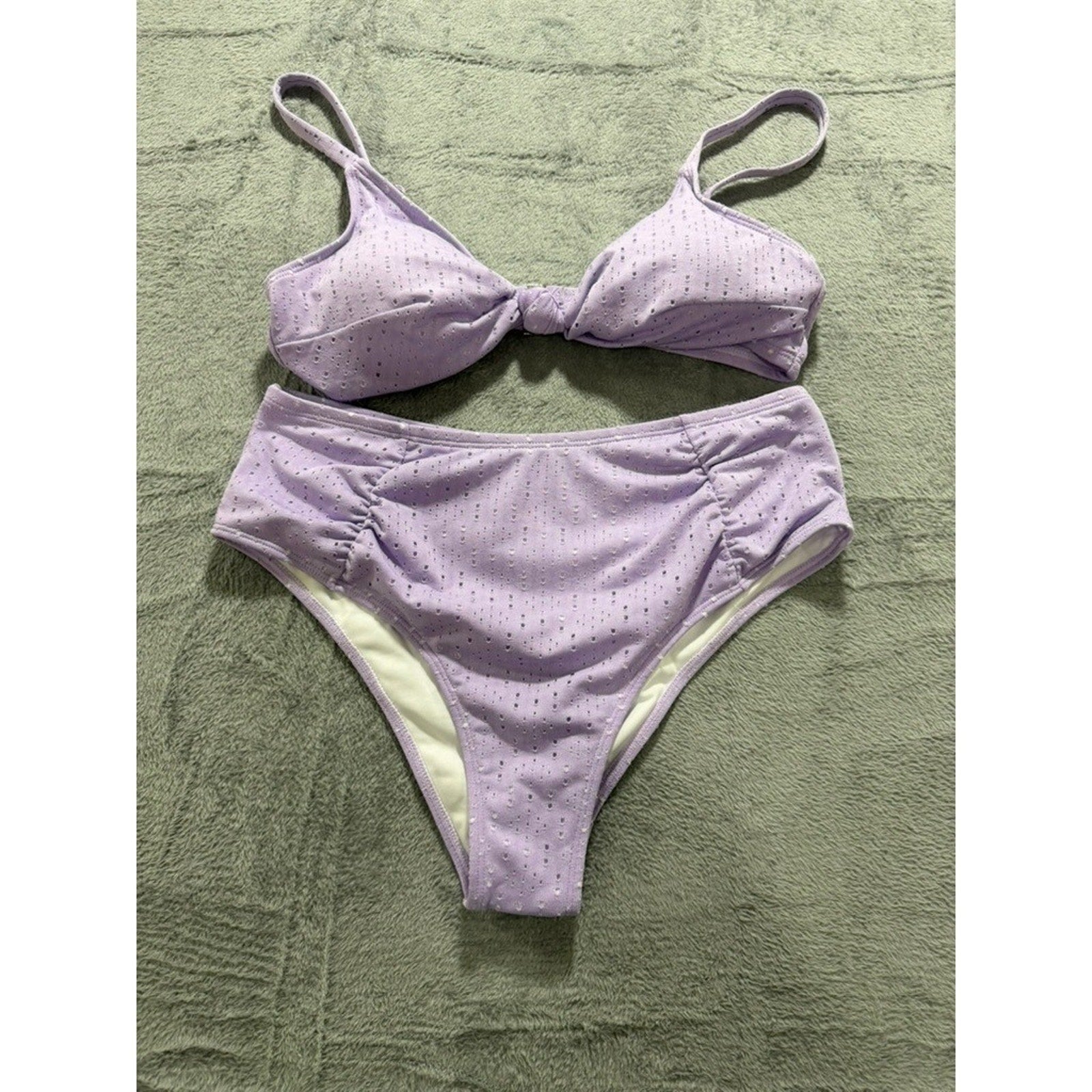 Lavender Eyelet Knot Front High Waisted Bikini Set Purple 1XL Plus Size Swimwear