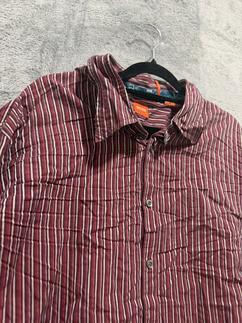Boss Hugo Boss Mens XXXL Burgundy Striped Long Sleeve Button Up Dress Shirt