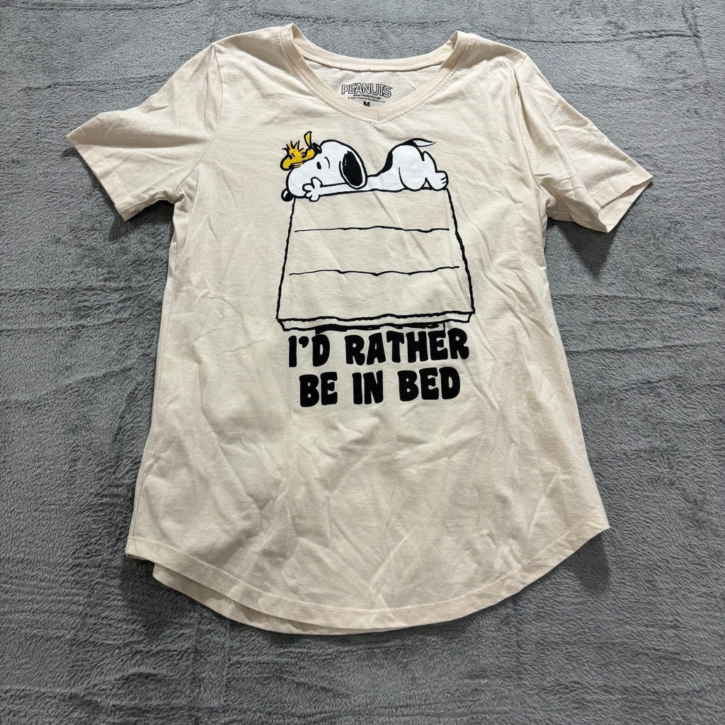 Peanuts M Cream Womens Snoopy I'd Rather Be In Bed Graphic T-Shirt Cozy Vintage