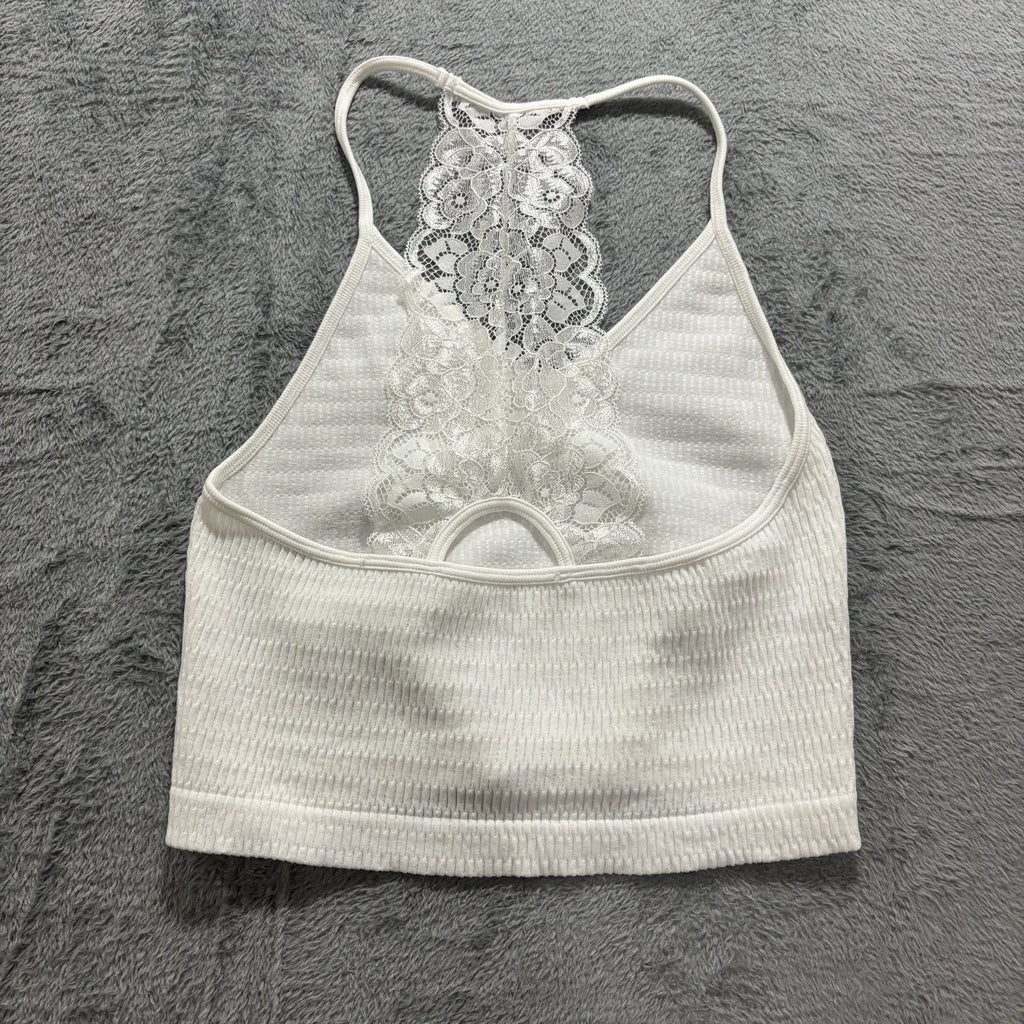 One Step Up Womens SM White Lace Racerback Crop Top Boho Festival Coquette Cute