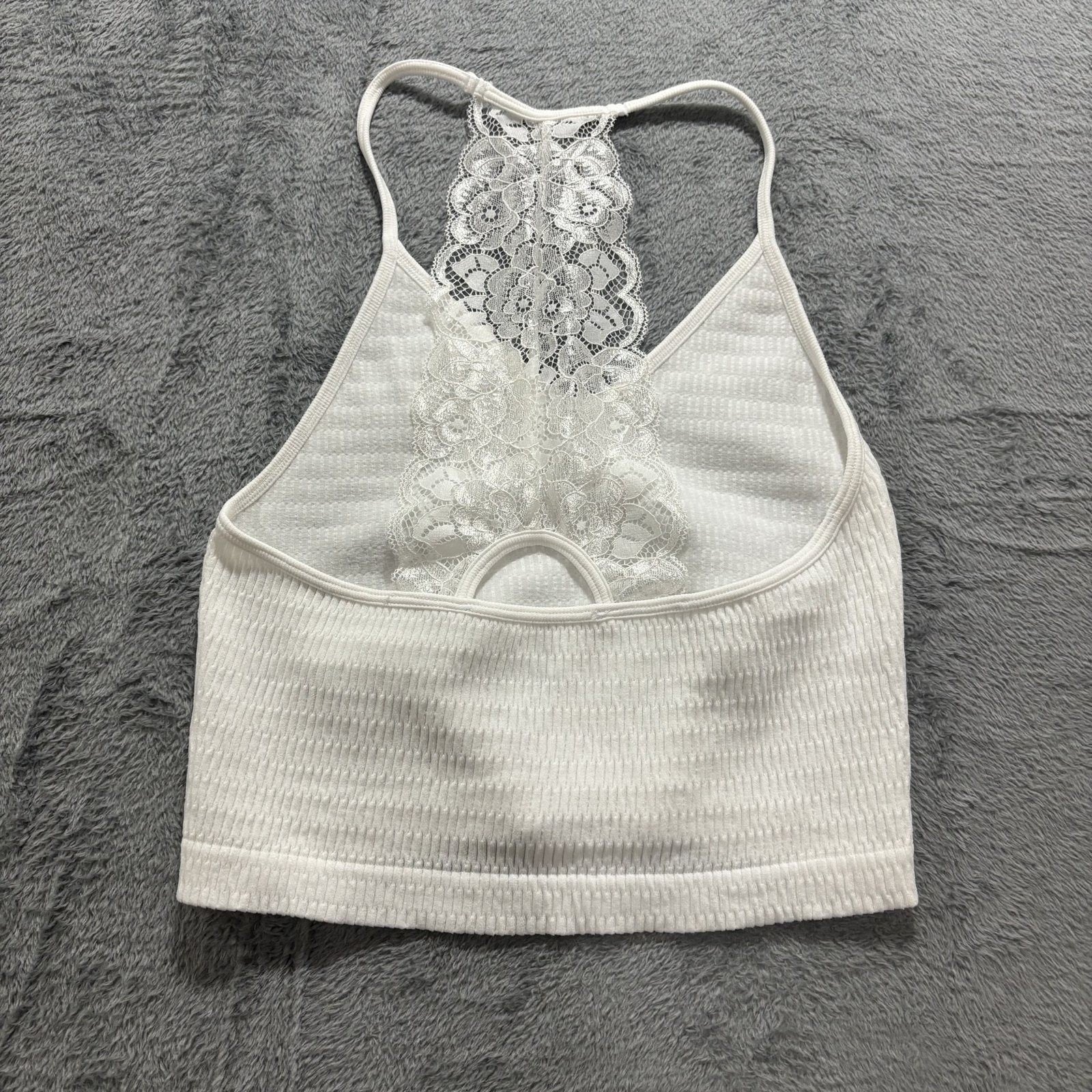 One Step Up Womens SM White Lace Racerback Crop Top Boho Festival Coquette Cute