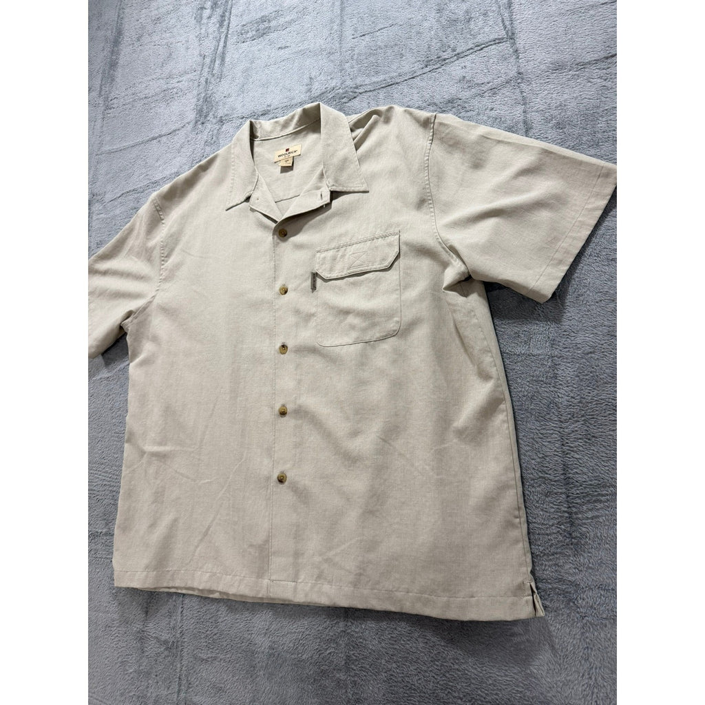 Woolrich Men XL Short Sleeve Button Up Camp Shirt Tan Khaki Safari Utility