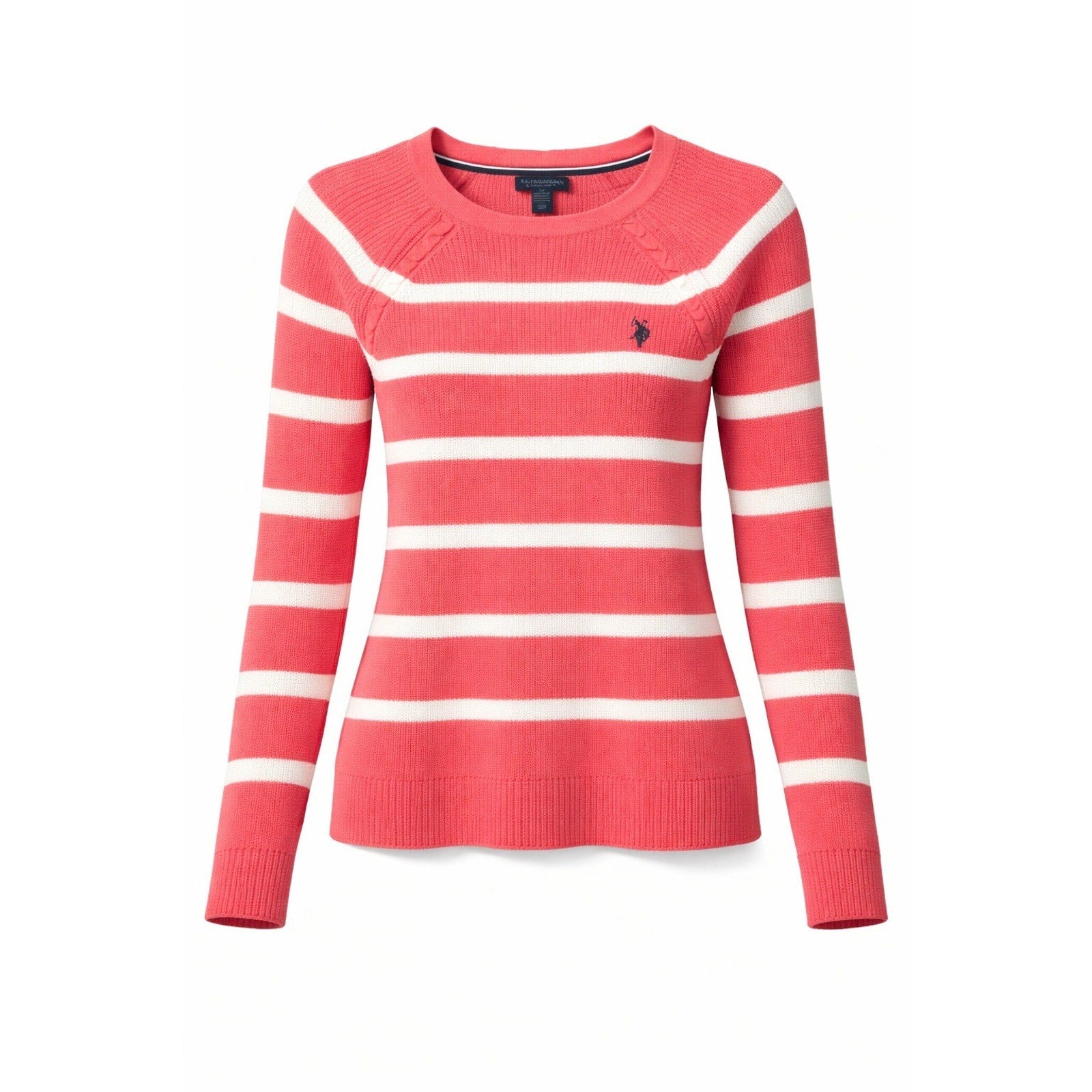 US Polo Assn Sweater Womens M Pink Stripe Knit Crewneck Logo Casual Preppy