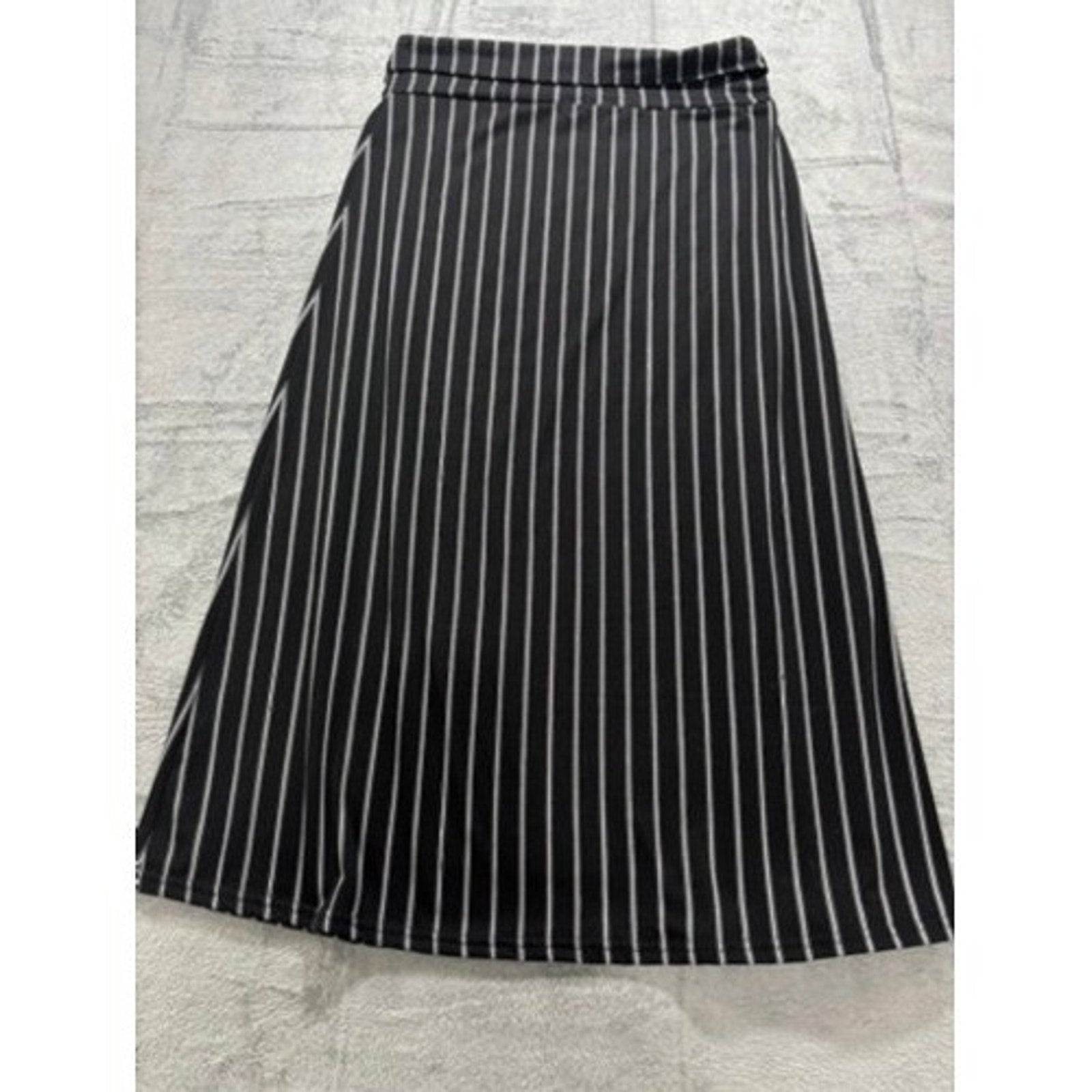 Urban Coco Black White Pinstripe A-Line Midi Skirt Elastic Waist Stretch S