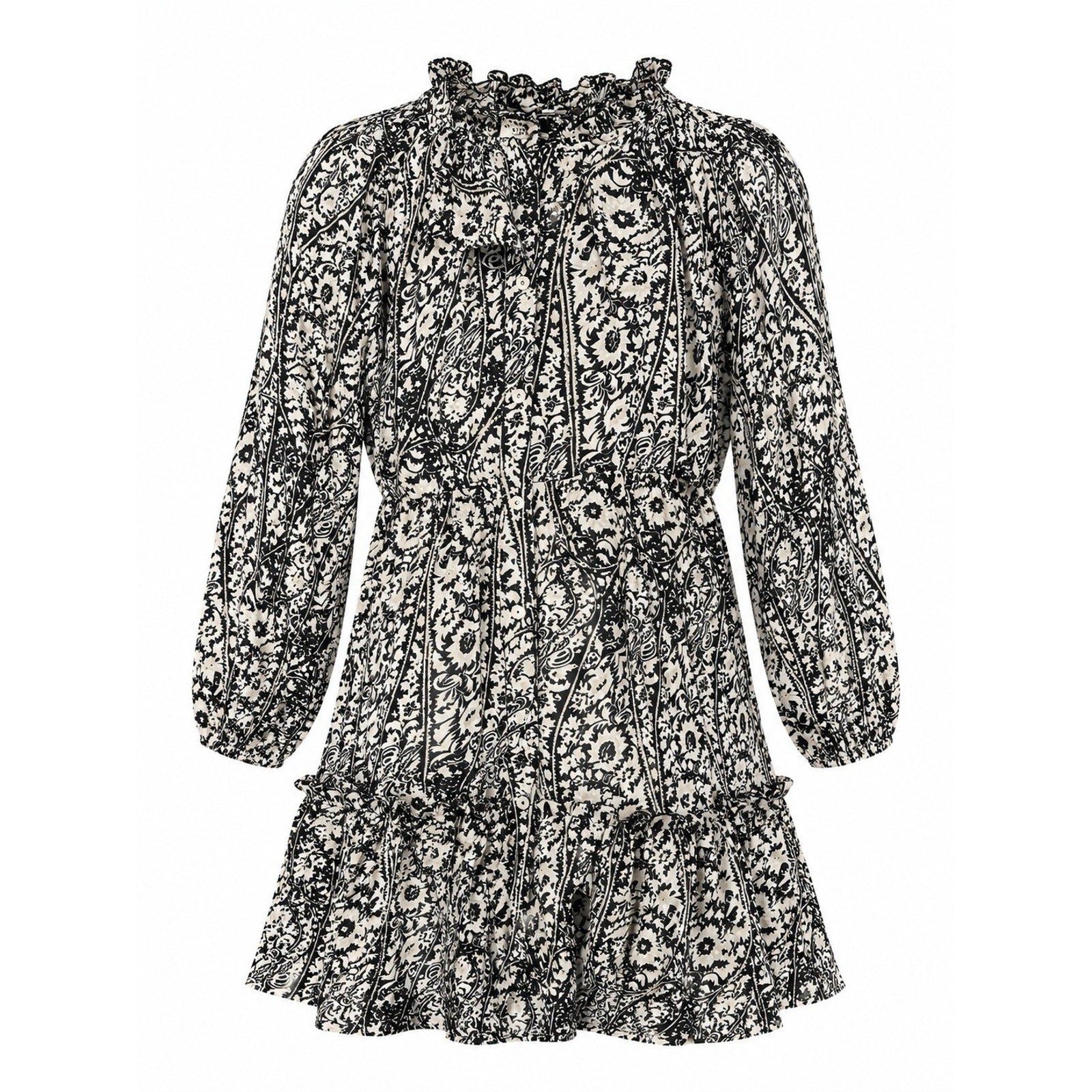 Made with Love Black White Paisley Floral Tiered Mini Dress Ruffle Neck LD3944 M