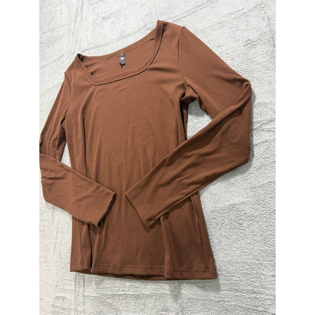 Automet Womens Brown Ribbed Square Neck Long Sleeve Top XL EZau458