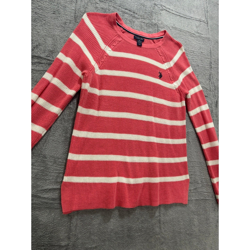 US Polo Assn Sweater Womens M Pink Stripe Knit Crewneck Logo Casual Preppy