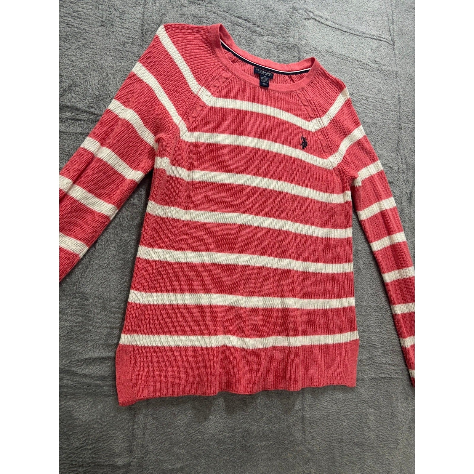 US Polo Assn Sweater Womens M Pink Stripe Knit Crewneck Logo Casual Preppy